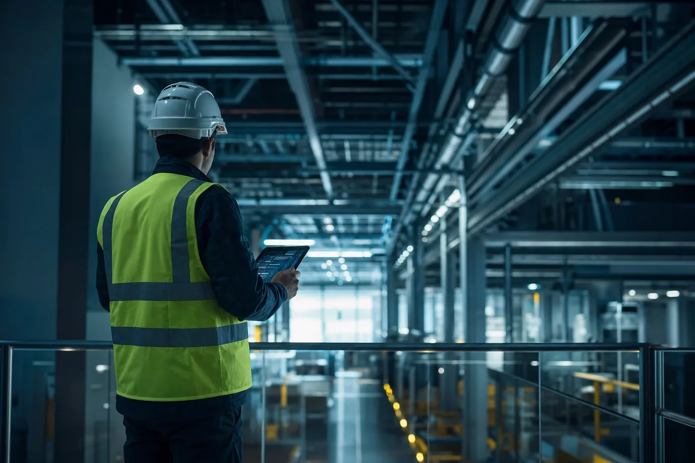 Facilities engineer reviewing building systems in a modern industrial facility