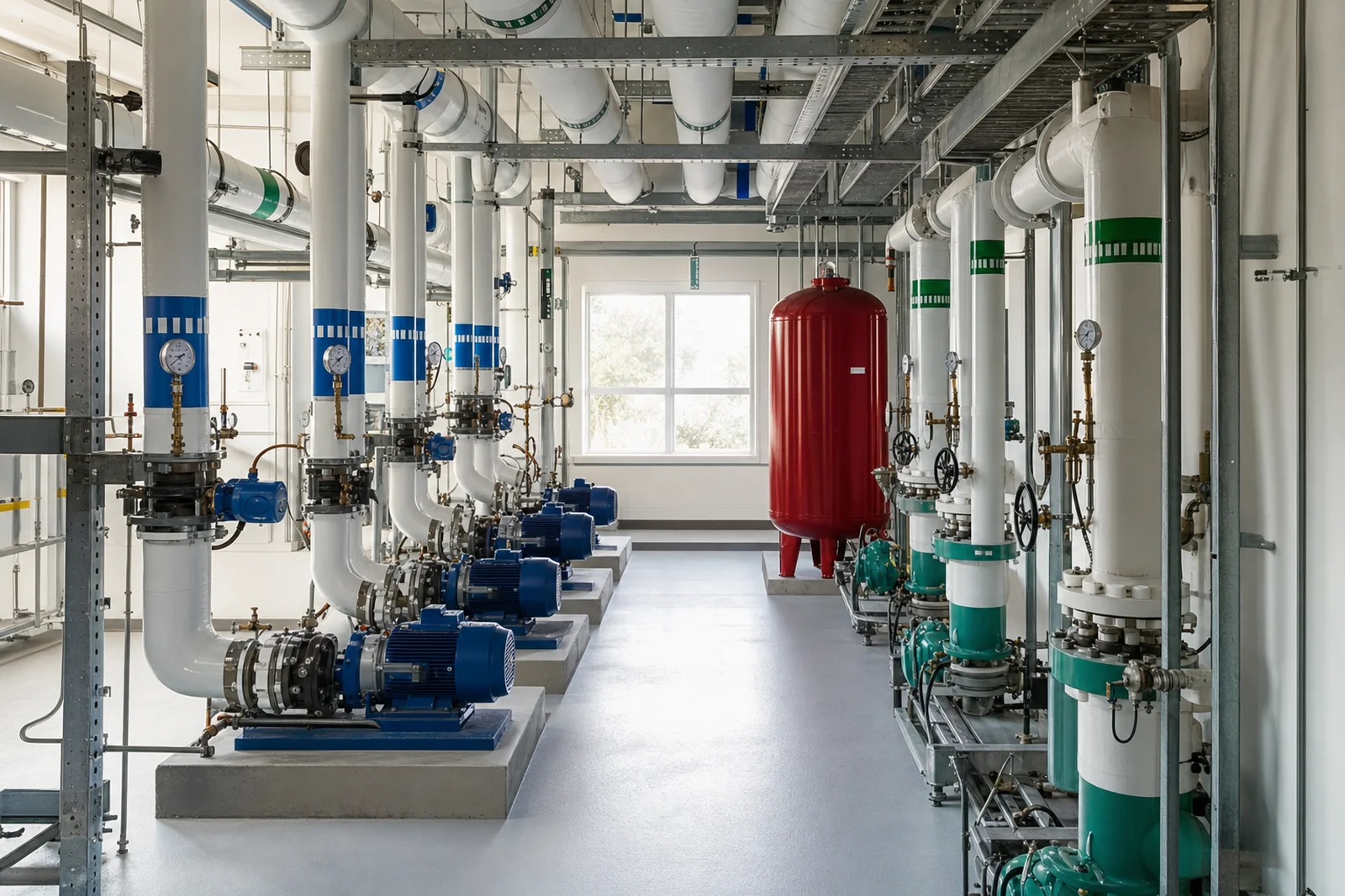 Clean, well-organized mechanical plant room with color-coded pipework and pump equipment